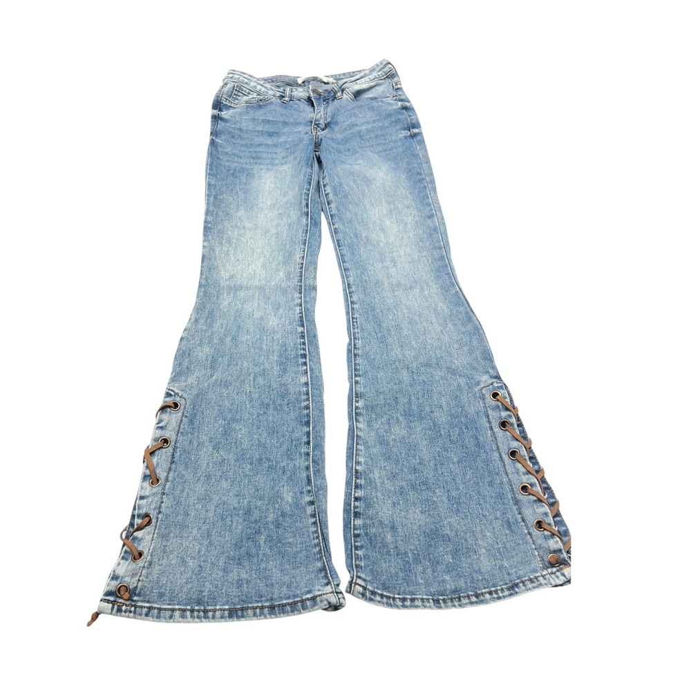 Almost Famous Lace Up Flare Jeans Y2K Bell Bottom Light Wash Size 5 PF71P-16R